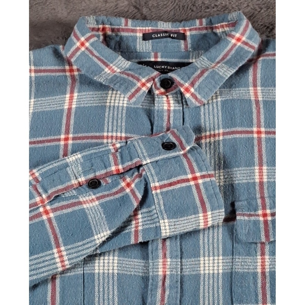Lucky Brand Flannel Shirt Large Mens Plaid Button Up Classic Fit Blu/Red